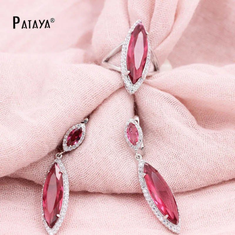 PATAYA Green Jewelry Sets True White Gold Color Natural Zircon Big Earrings Ring Fine Weddings Accessories Bride Jewelry Set