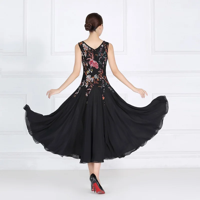 Novo vestido feminino para concurso de salões de baile, fantasia moderna de dança valsa tango e renda com decote em v