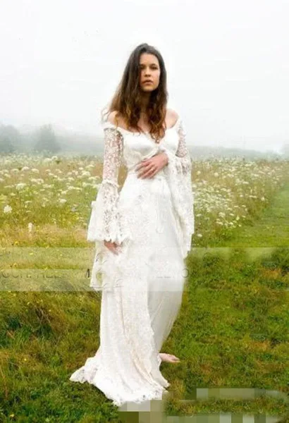 Gothic Celtic Wedding Dress Vintage Lace Bell Sleeve Lace Up Corset Medieval Bridal Gown Vintage Retro Bride 50's Gown image 5