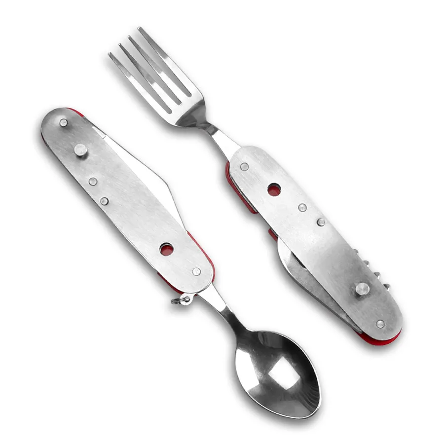 Jaswehome Folding Swiss Flatware Set Stainless Steel Swiss Pocket Knife Tool Camping Cutlery Fork Spoon Knife Outdoor Multi Tool