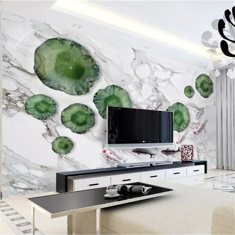 

wellyu papel de parede para quarto Custom wallpaper New Chinese 3D Lotus Nine Fish Illustration Marble Background Wall behang