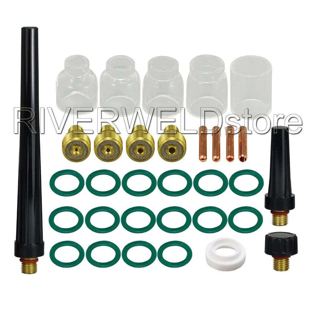 

TIG Gas Lens Collet Body 0.040" 1/16" 3/32" 1/8" & #5#6#7#8#10 Pyrex Cup Kit DB SR WP 9 20 25 TIG Welding Torch 33pcs