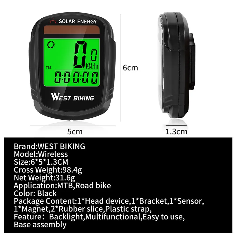 WEST BIKING Solar Powered Bike Computer Wireless Waterproof Bicycle Speedometer Odometer Automatic Wake-up Bicycle Computer