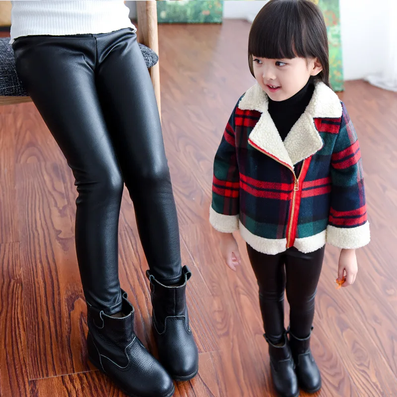 New Winter Girl Add Wool Imitation Leather Leggings Big girls Black Leggings Plush Leather Pants