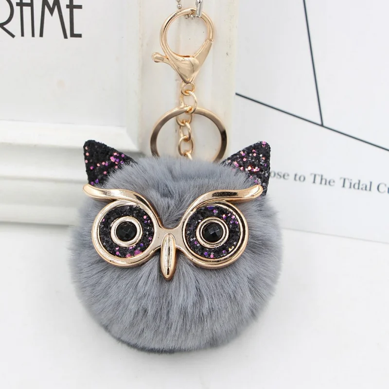 Cute Girls Bling Glitter Owl Keychain Women Fluffy Rabbit Fur Pompom Owl Key Chain On Bag Car Trinket Jewelry Party Gift