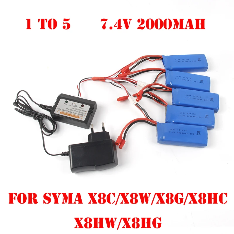 

5pcs * EBOYU 7.4V 2000mAh Battery 1 to 5 Charger Cable + Balance Charger for Syma X8C/ X8W/X8G /X8HC /X8HW /X8HG RC QuadCopter