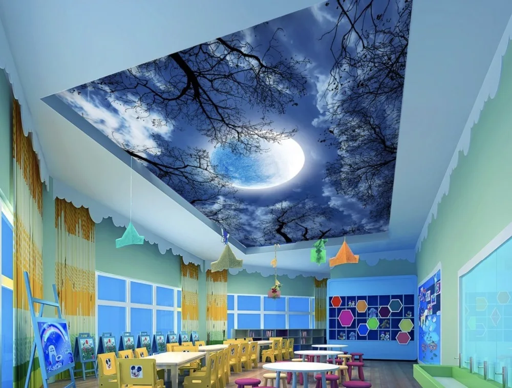 1842 Overlooking Full Moon with Clouds PVC Stretched Ceiling Film For Home decoration