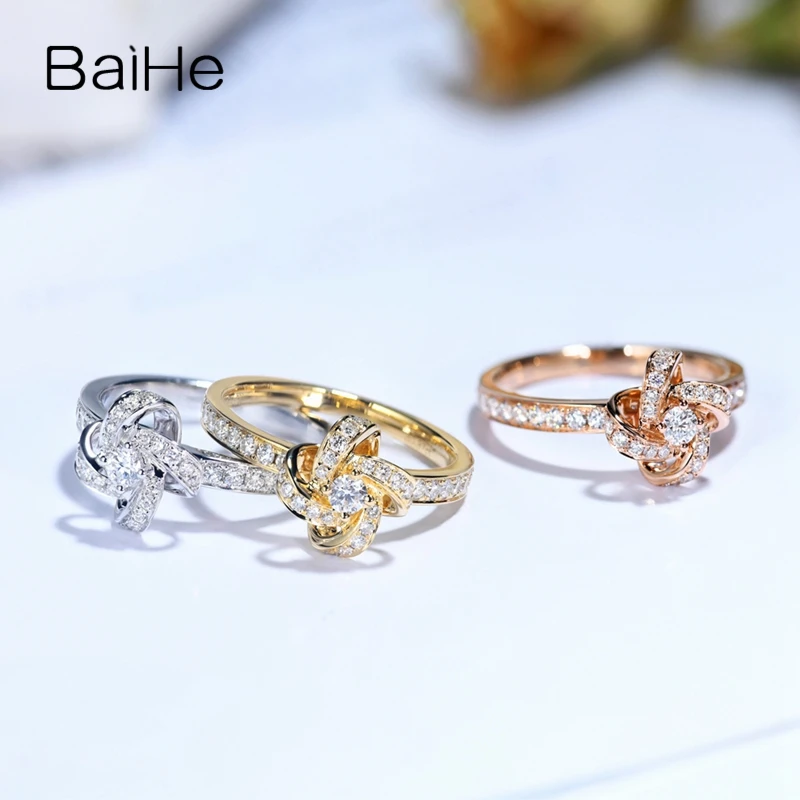 BAIHE Solid 14K Rose Gold 0.45ct H/SI Natural Diamond Windmill Ring Women Wedding Trendy Fine Jewelry Anillo molino viento