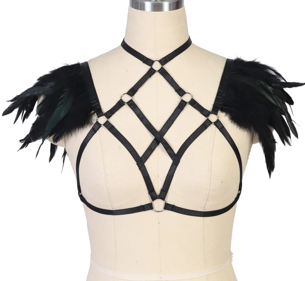 

Black Gothic Lingerie Feather Wings Body Harness Belt Epaulettes Cage Bra Bondage Shoulder BurningMan Party Pole Dance Rave Wear