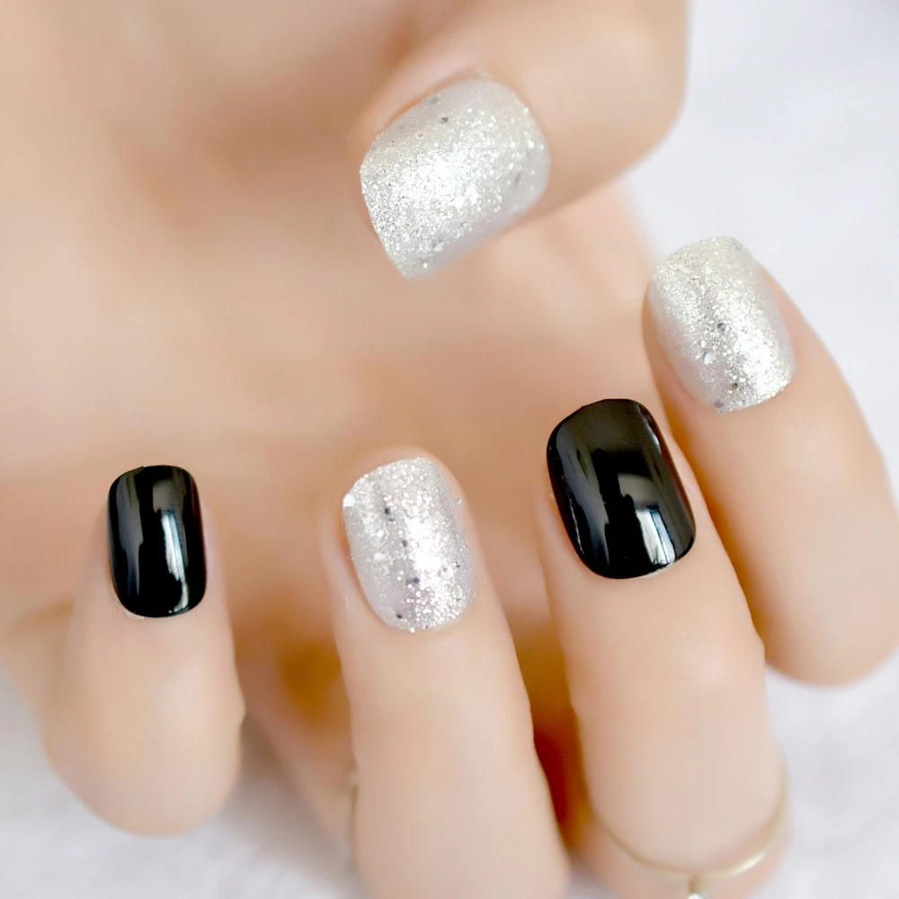 Sparkly Silver Glitter False Nails Short Classic Black Press On Fake Nails Full Cover Acrylic Bling Wear Nail Art Accessories image 4