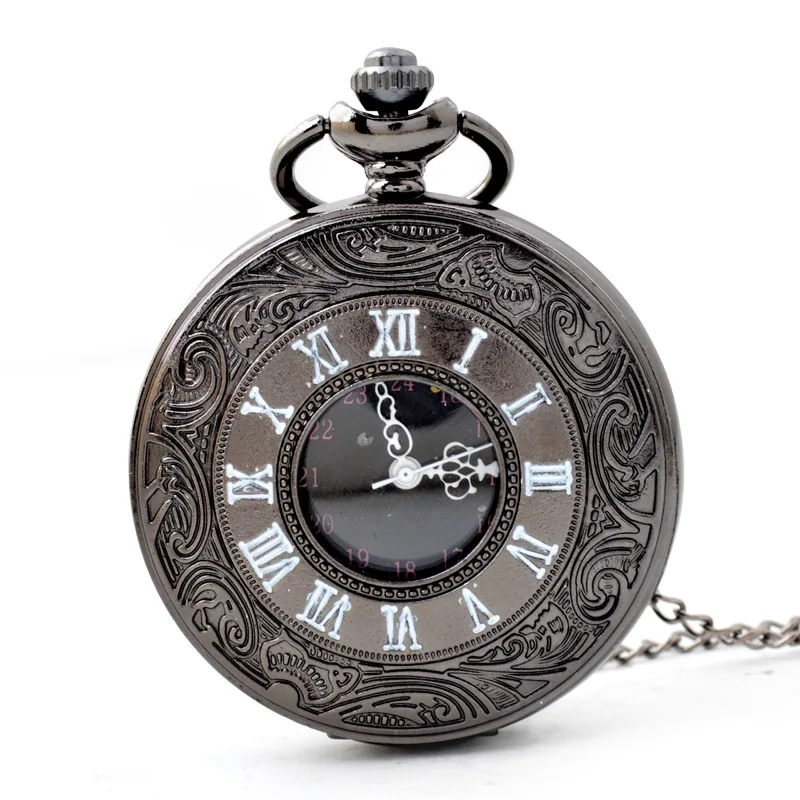 Retro Black Fashion Silver Steampunk Quartz Pocket Watch Stainless Steel Pendant Necklace for Men Women Gifts Unisex Fob Clock