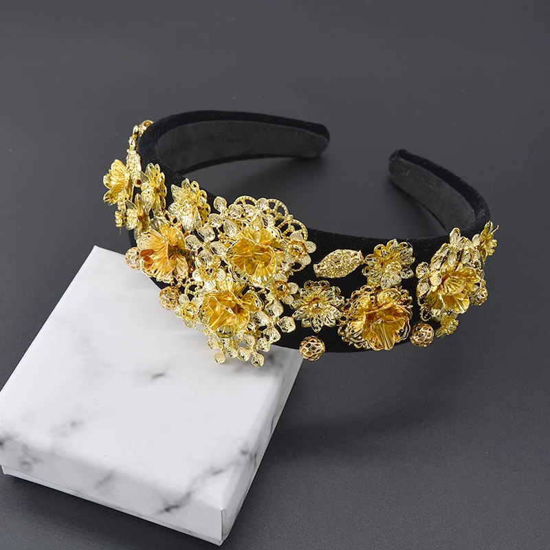 Fashion Golden Sunflower Leaf Crown Baroque Retro Hair Band Pearl Hair Jewelry Wedding Tiara Accessories Gift For Women Part