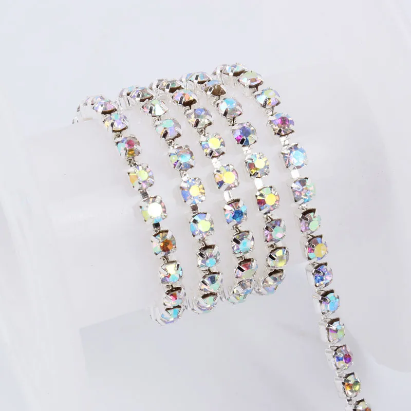 Rhinestone cup chain SS6-SS12 Densely Crystal chain Silver base 3/5yards 16 colors choose for Garment Nail DIY Accessoire