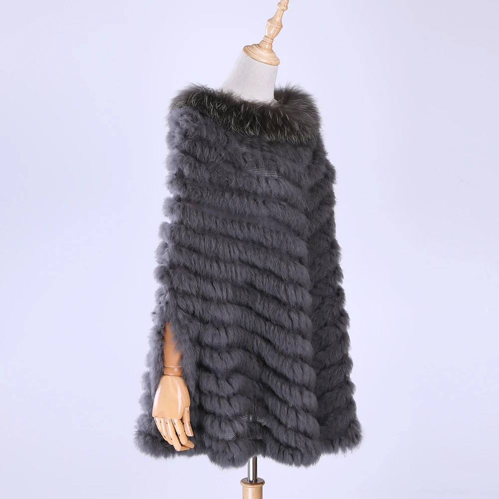 New Women\'s Luxury Pullover Knitted Genuine Rabbit Fur Raccoon Fur Poncho Cape Real Fur Knitting Wraps Shawl Triangle Coat