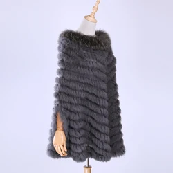 New Women's Luxury Pullover Knitted Genuine Rabbit Fur Raccoon Fur Poncho Cape Real Fur Knitting Wraps Shawl Triangle Coat