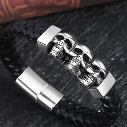 Stainless Steel Leather Bracelets & Bangles Double Black Layers Cowhide Braid Rope Gothic Skull Skeleton Men Jewelry 205mm