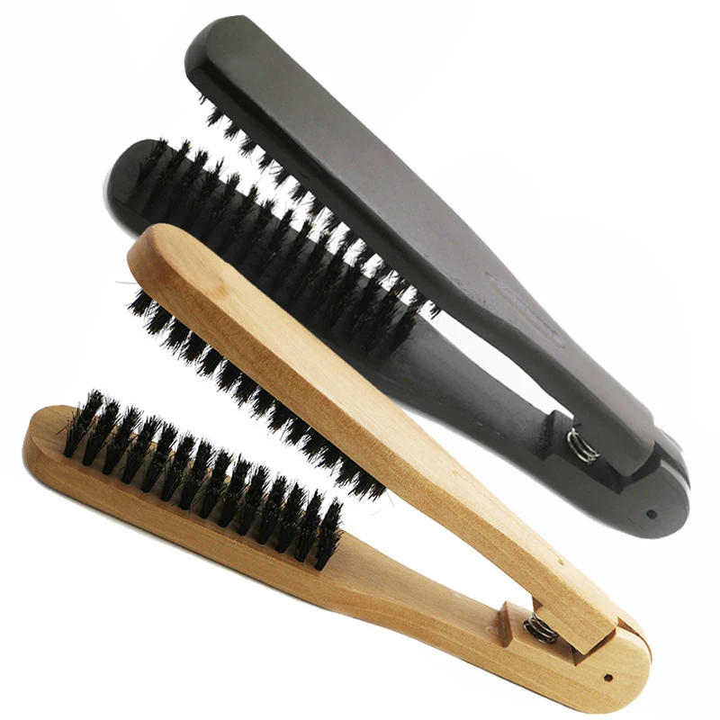 Dropshipping Hair Straightening Brushes Double Side V Shape Comb Clamp Naural Boar Bristle Wooden Handle Combs Styling U1171