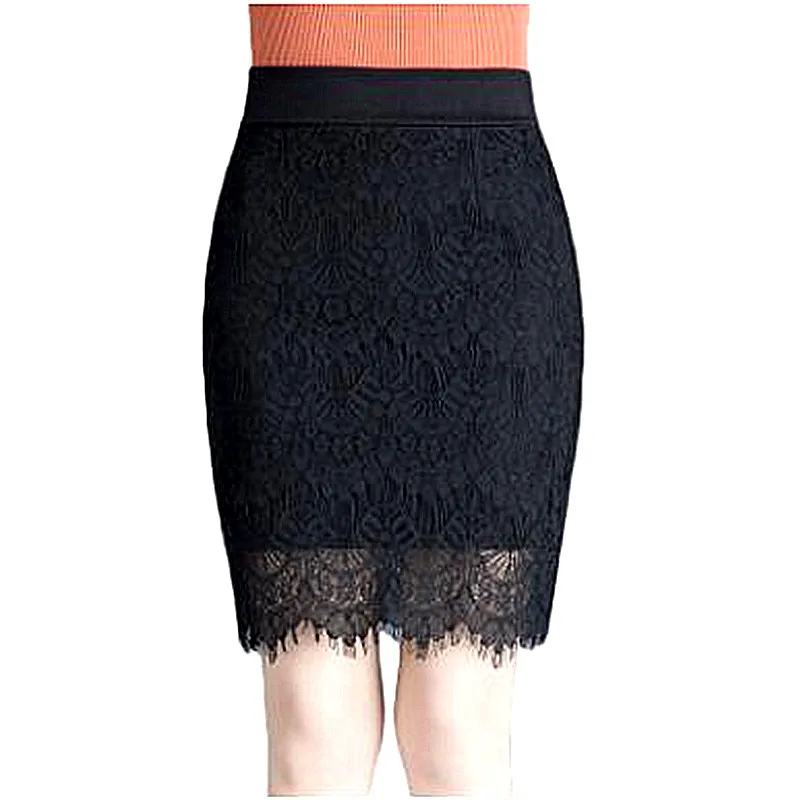 

2019 Lace Skirt Package Hip Was Thin Waist Knee-Length Skirt Career Step Skirts Women Black Cotton Micro-powder Skirts