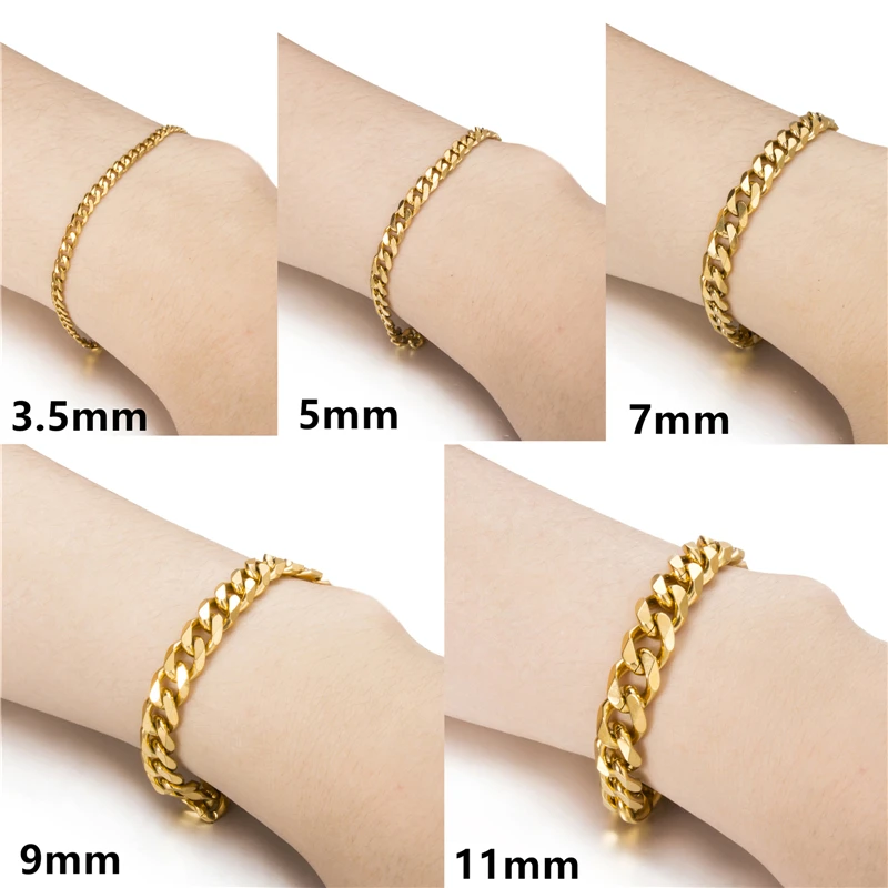 Elfasio 18cm 20cm 23cm Men Bracelets Silver/Gold/Black Color Curb Cuban Link Stainless Steel Bracelet For Women Men\'s Jewelry