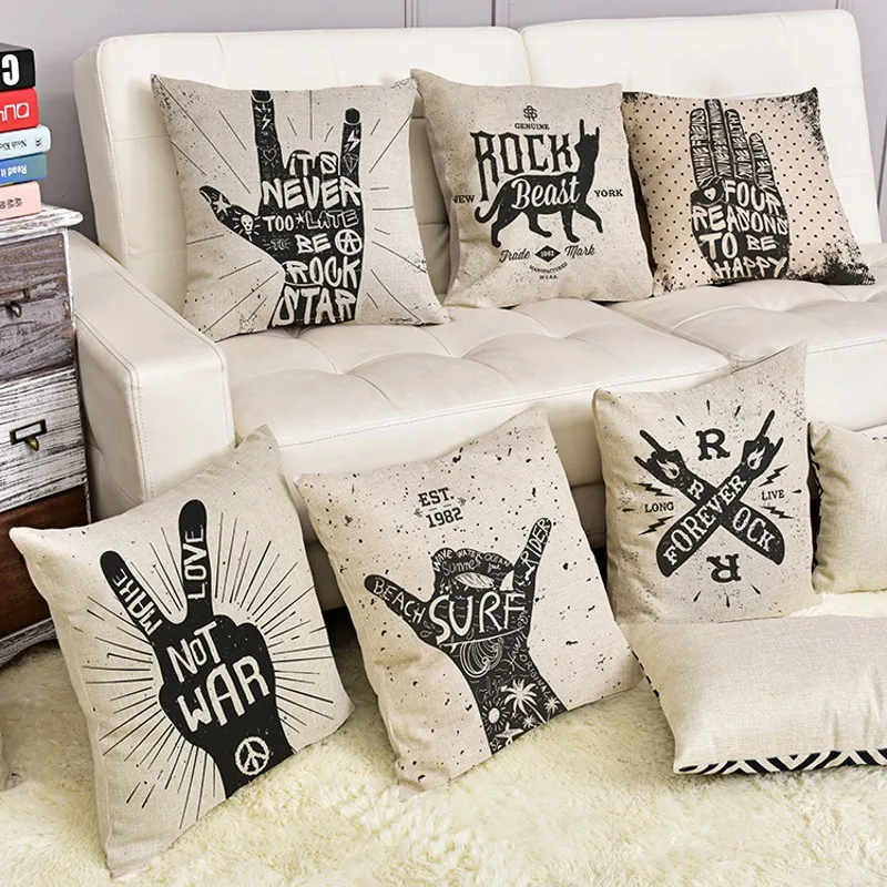 Letter Print Music Festival Cushion Pillow Case Music Gesture Rock N Roll Cojines Decorativos Sofa Pillow Cover Home Decor