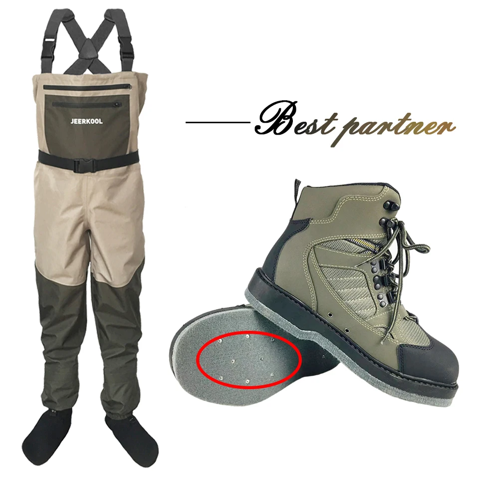 

Waders Fly Fishing Shoes with Nails & Pants Clothes Waterproof Suit Overalls Wading Upstream Shoes Felt Sole Boots Leaking Water