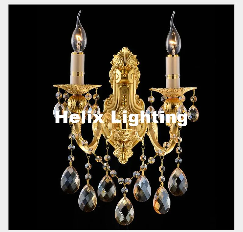 European Crystal Wall Lamps 2 Lights Golden Color Vintage Wall Sconce Light E14 LED Crystal Wall Bracket Bra Bed Wall Lighting