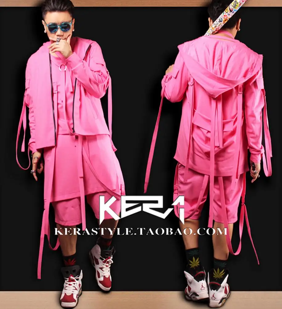 S-4xl! 2021 New Men's Fashion Gd Beyonce Pink Belt With Cap Jacket Performance Coat Formal Dress Singer Costumes Clothing