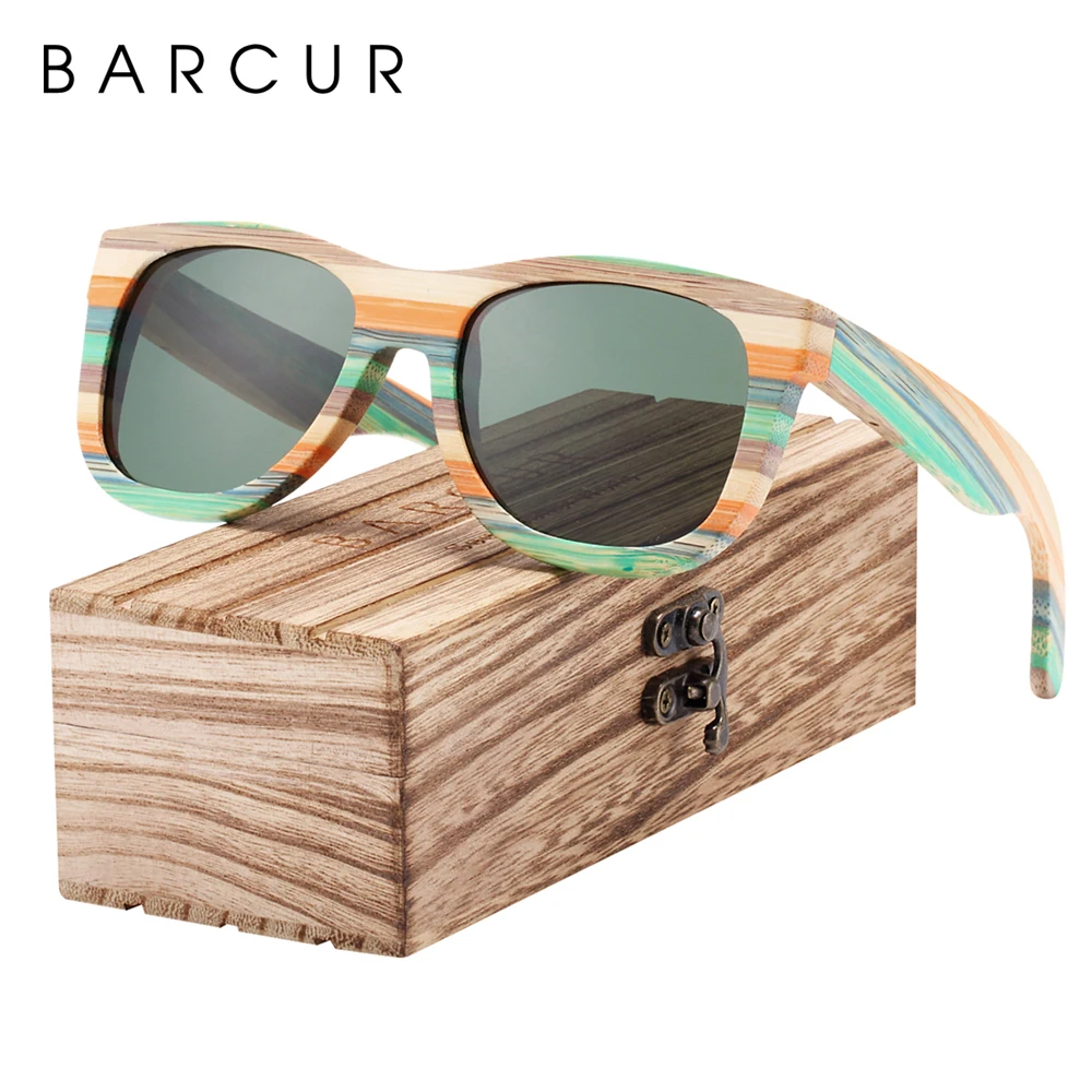 BARCUR Gradient Women Sunglasses Bamboo Polarized Sun Glasses for Men Mirror Square Eyewear UV400 lunette de soleil femme