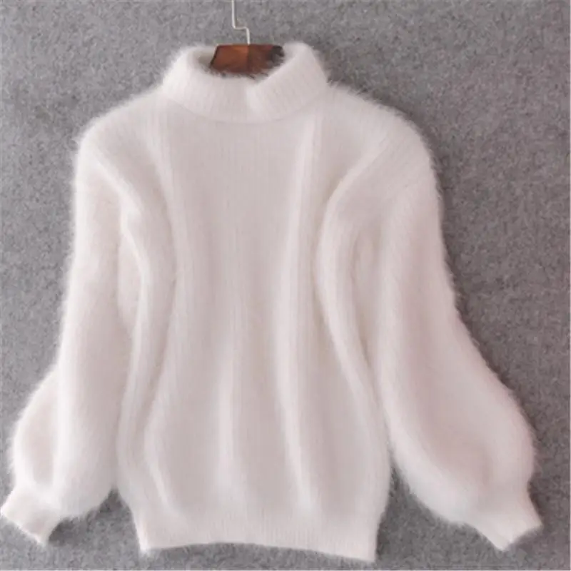 Suéter grueso y cálido de cuello alto para mujer, jersey de Mohair, manga de linterna, informal, Color sólido, Delgado, Simple, nueva moda de