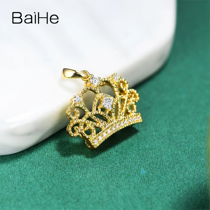 

BAIHE Solid 14K Yellow Gold H/SI Natural Diamond Crown Pendant Women Trendy Wedding Fine Jewelry Making Colgante de corona