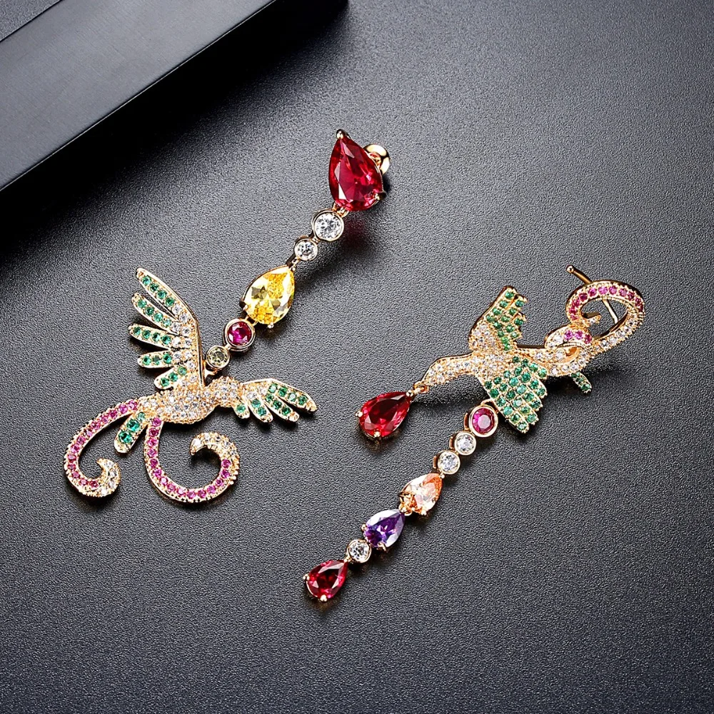 LUOTEEMI Asymmetric Luxury Designer Phoenix Drop Dangle Earring for Women Gift pendientes mujer Vintage Rainbow Bird Accessories