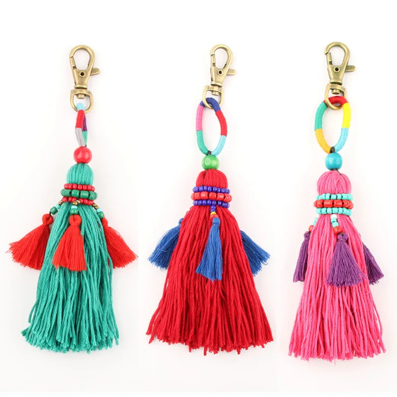 Bohemian bead tassel pendant keychain folk-custom pompom key chain accessories bag charm women\'s purse key holder jewelry K34