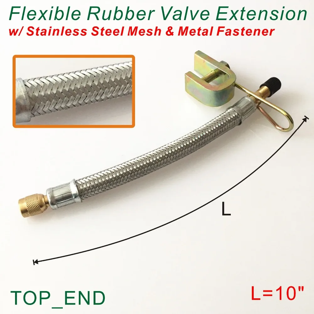 

10 inch Long,Stainless Steel Mesh Wrapped,Flexible Rubber Valve Extension with Fastener (Clamp),Work w/ Tire Valve Directly