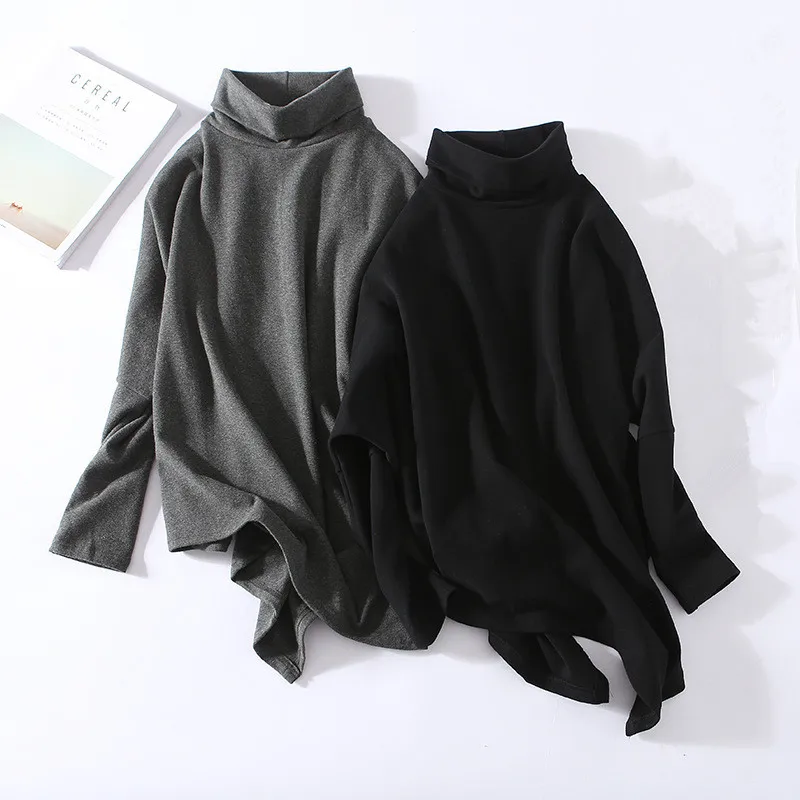 

Europe Fashion Loose Bat Sleeve Women T Shirt Autumn and Winter New Iregular T-shirt Oversized Stand Collar Cotton Women Tops