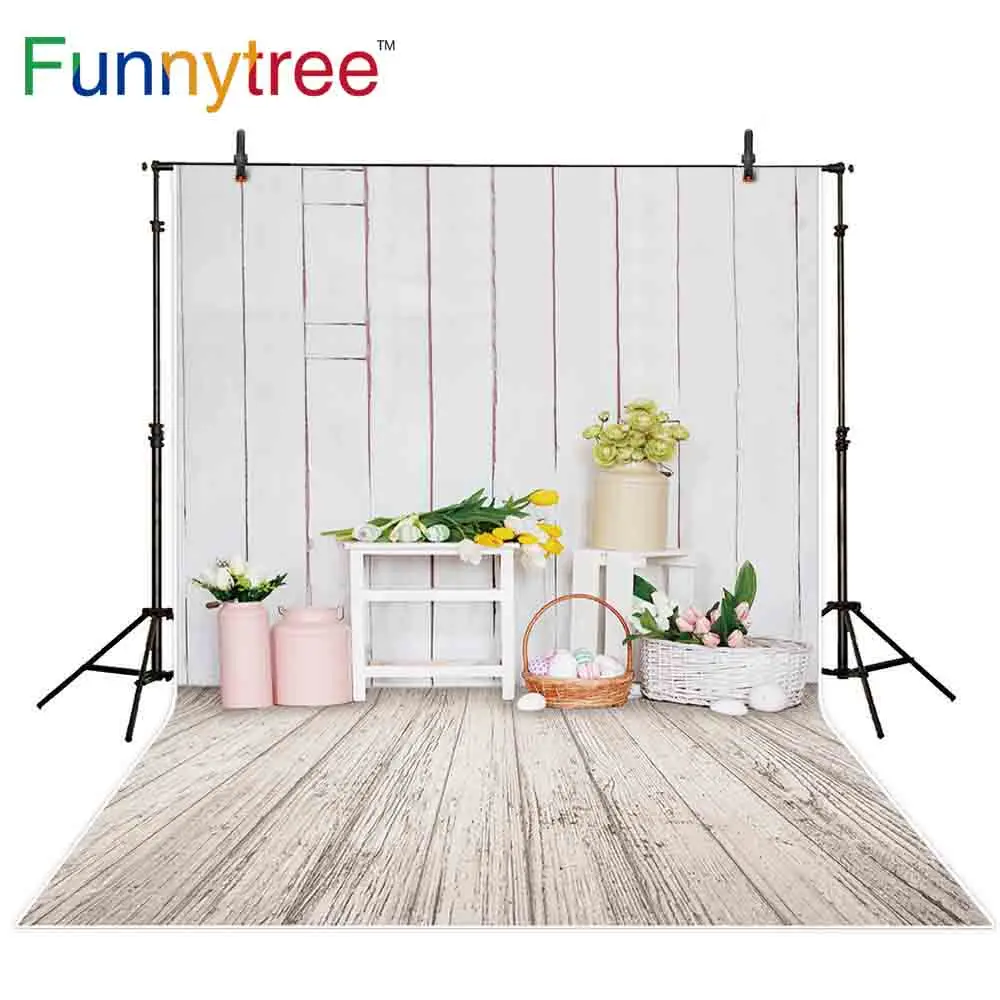 Funnytree easter backdrop photography white wood basket eggs Indoor for photo background photocall photophones studio props