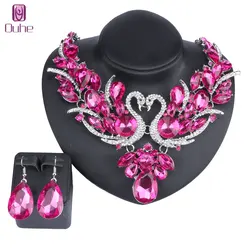 Luxury Gold Color Rose Red Crystal New Collier Femme Double Swan Statement Necklace Earring For Women Party Wedding Jewelry Sets