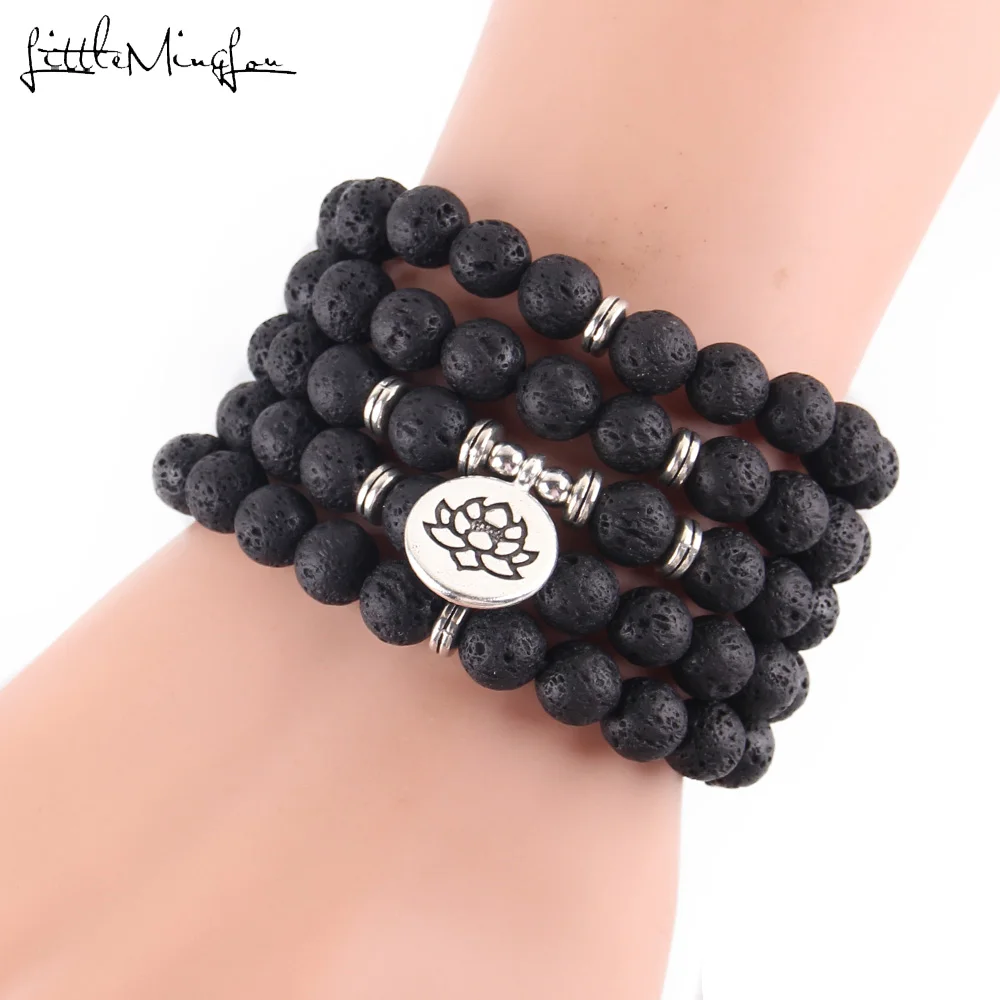 Little Minglou New Hot Lava Stone 108 Mala Lotus Bracelet Or Necklace Reiki Charged Buddhist Rosary Bracelet Drop Shipping