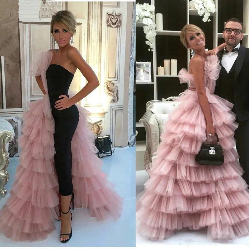 Pink Black Formal Celebrity Dresses Ball Gown Strapless Tulle Tiered Long Evening Dresses Famous Red Carpet Dresses Customized