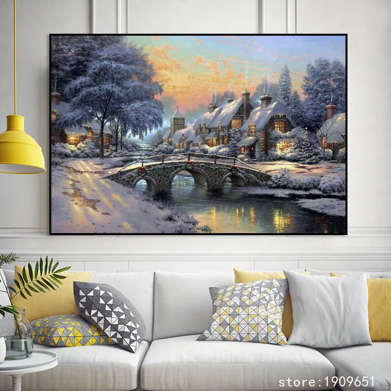 No frame Thomas snow scene village bridge oil painting canvas printings printed on cotton home wall art decoration picture