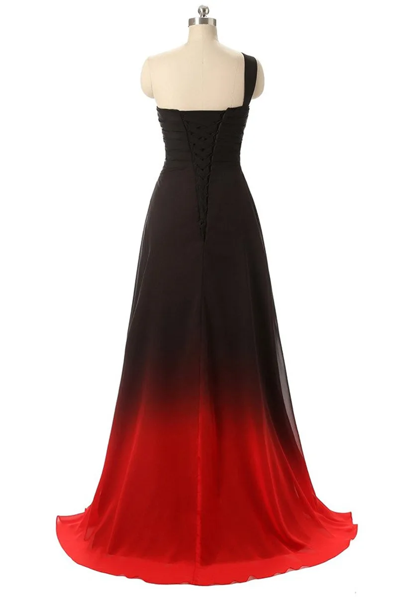 2021 New Long Prom Dress One Shoulder Black&Red Gradient Chiffon Ombre Evening Prom Dresses Party Gowns