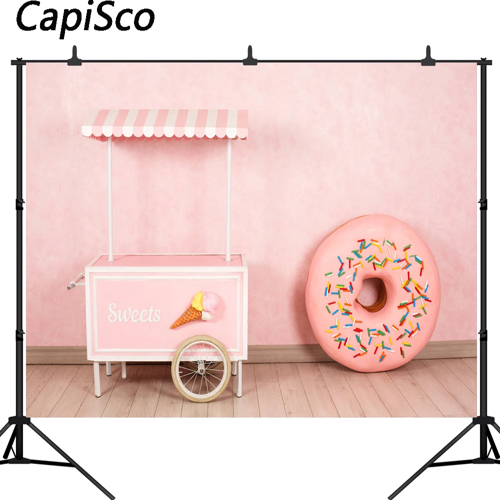 

Capisco Photography Backdrop sweets Ice cream cart pink Doughnut child birthday party newborn baby Photo Background