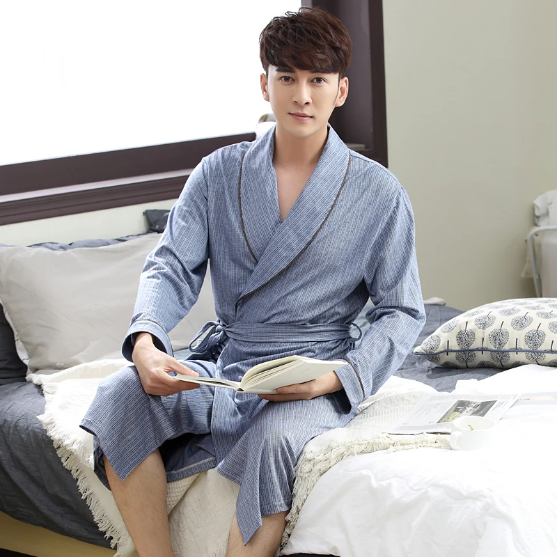 Spring bathrobe men cotton sleepwear nightgown mens knitting long sleeve soft autumn blue home hotel summer