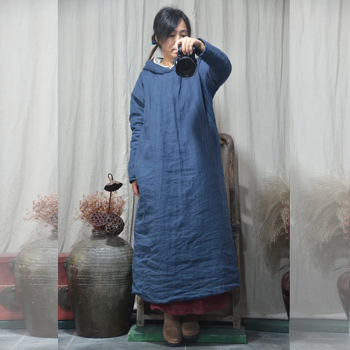 Winter Autumn Thick Hood Warm Cotton Linen Women Cotton Coat Extended Cotton Robe