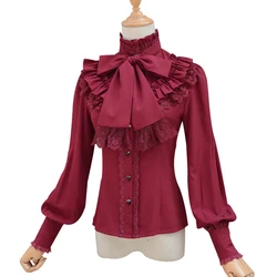 Vintage Spring Women Lolita Chiffon Shirts Long Sleeve Lace Bow Ruffles Sweet Blouse Western Girls Gothic Slim High Collar Shirt