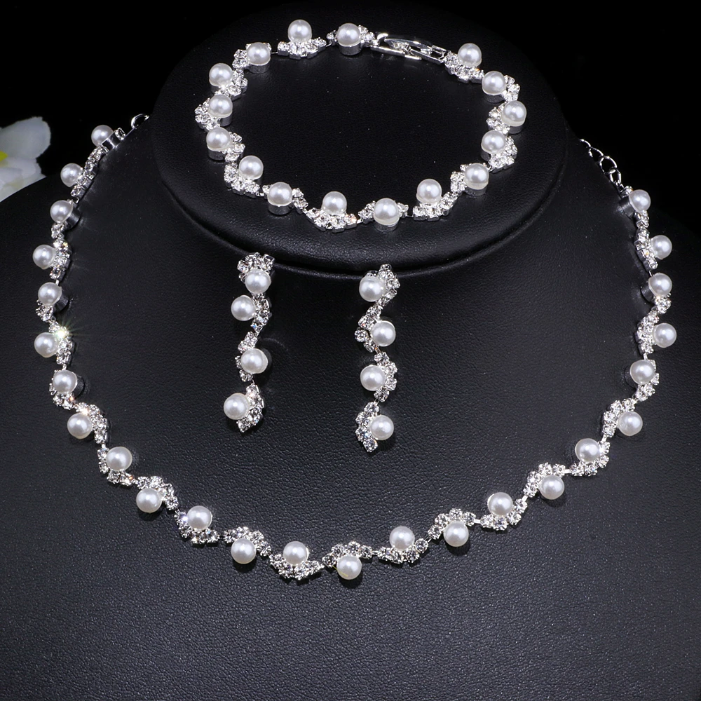 Newest Simulated Pearl Bride Wedding Jewelry Sets Elegant Crystal Necklace Earrings Bracelets Sets Women Party Accessories WX040