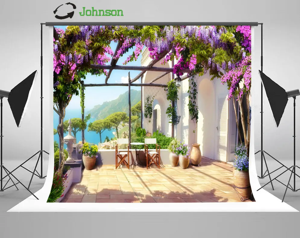 

Coastal Patio Flower Leaves Mountain backdrop polyester or Vinyl cloth High quality Computer print wedding background