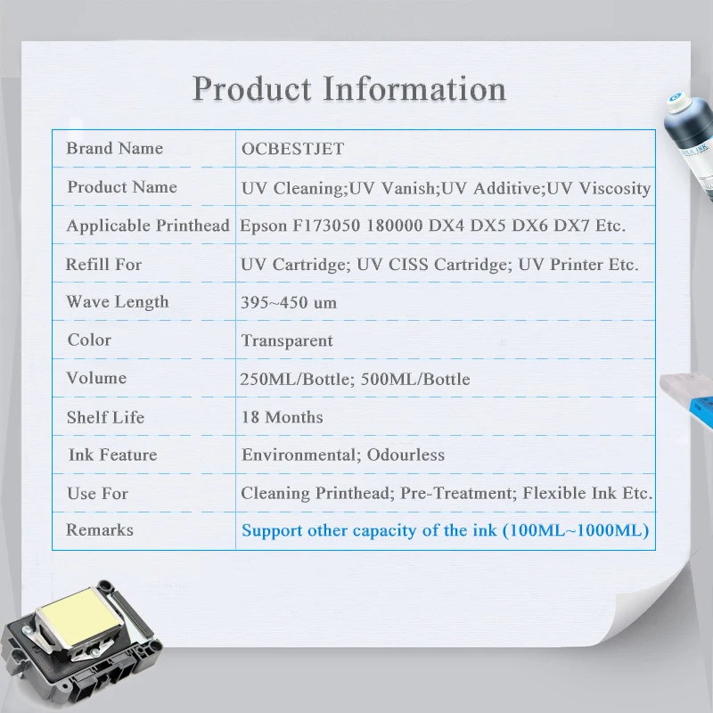 500ML/Bottle UV Cleaning Liquid Precoating Additive Viscosity For Epson R290 R330 L800 1390 1400 For All UV Inkjet Printhead