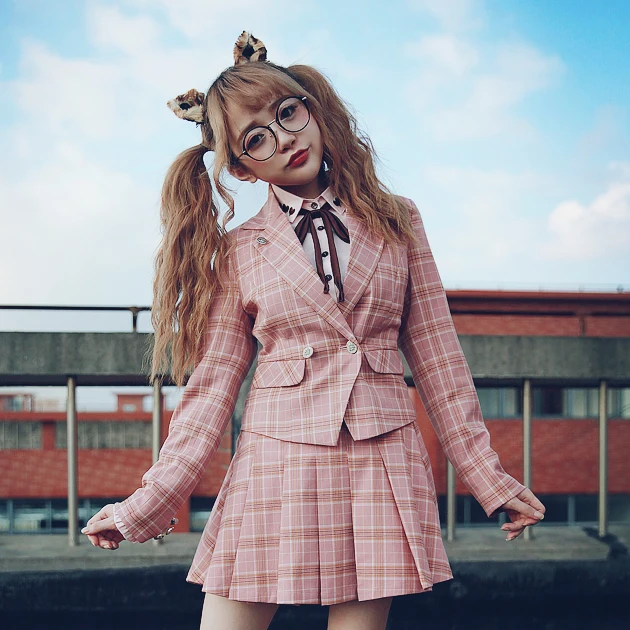 Princess sweet lolita Plaid coat BOBON21 Uniform coat collage style Plaid suit Slim short tailored collar C1401