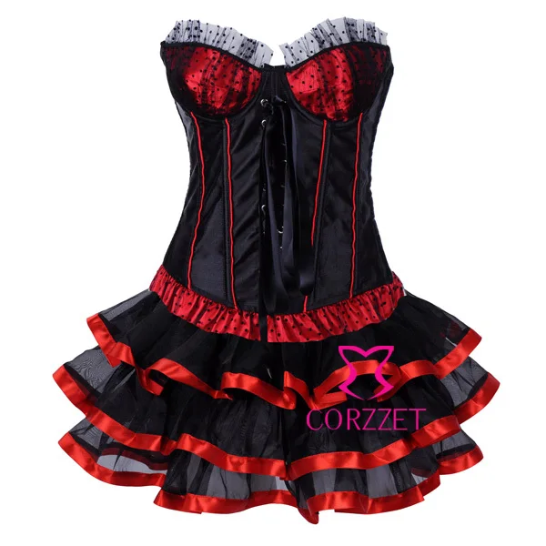 

Polka Dot Red Black Patchwork Burlesque Corset Skirt Set Women Bustiers & Corsets Sexy Party Wear Corpetes E Espartilhos Skirts
