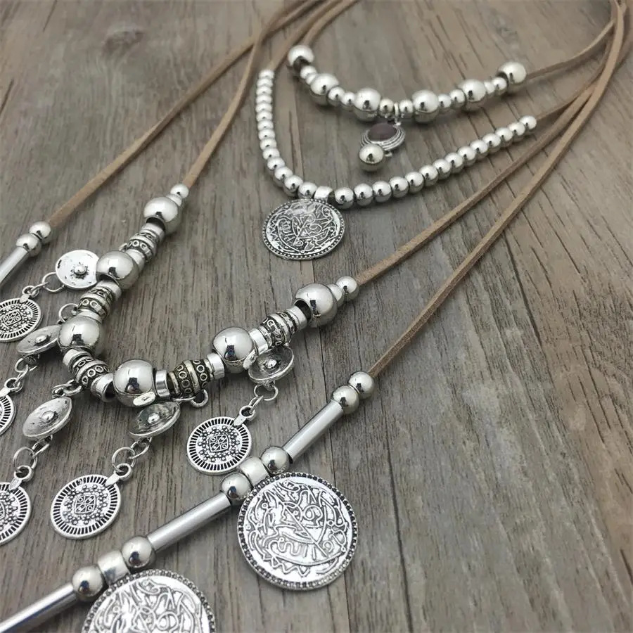 Handmade Silver Metal Coin Pendants Ethnic Jewelry  Long String Leather necklaces for Woman Gift